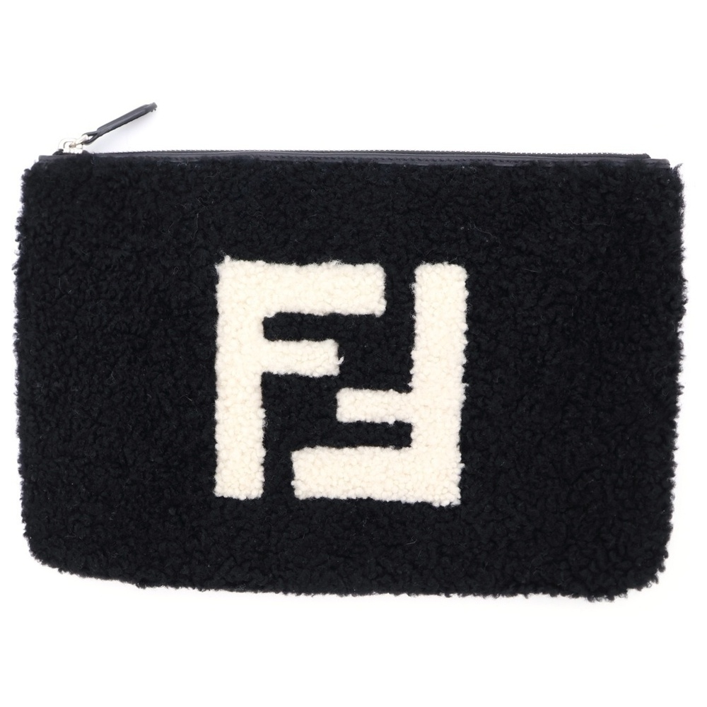 FENDI Shearling Clutch Bag Handbag Black White